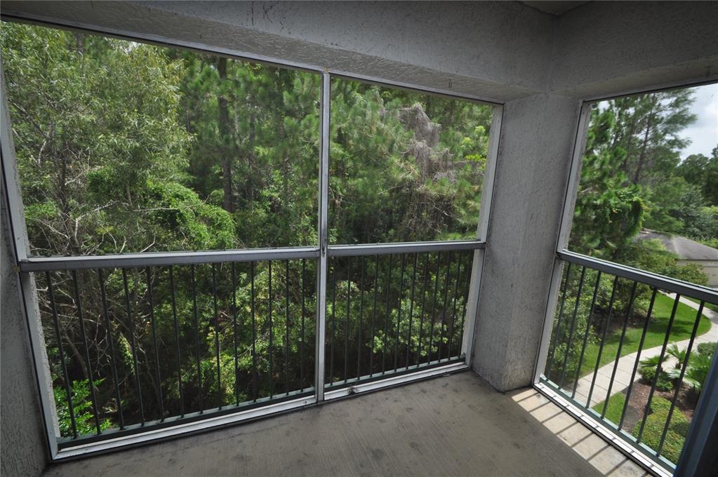 A screened-in balcony overlooks a dense forest and a paved walkway below — 738 CREST PINES DRIVE UNIT 734, ORLANDO, FL