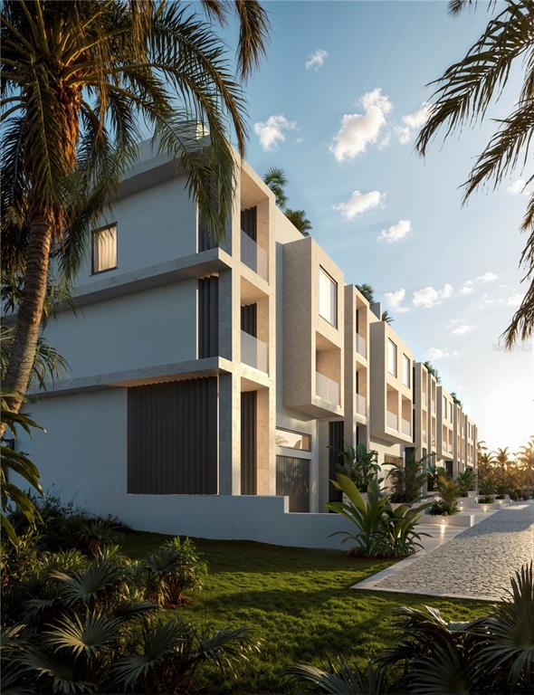This is a rendering of a modern multi-story residential building with balconies and palm trees — 6645 N OCEAN SHORE BOULEVARD UNIT 1A, PALM COAST, FL