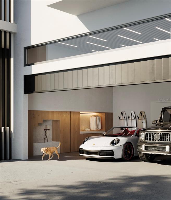 This rendering shows a modern garage with two luxury cars, surfboards, and a dog — 6645 N OCEAN SHORE BOULEVARD UNIT 1A, PALM COAST, FL
