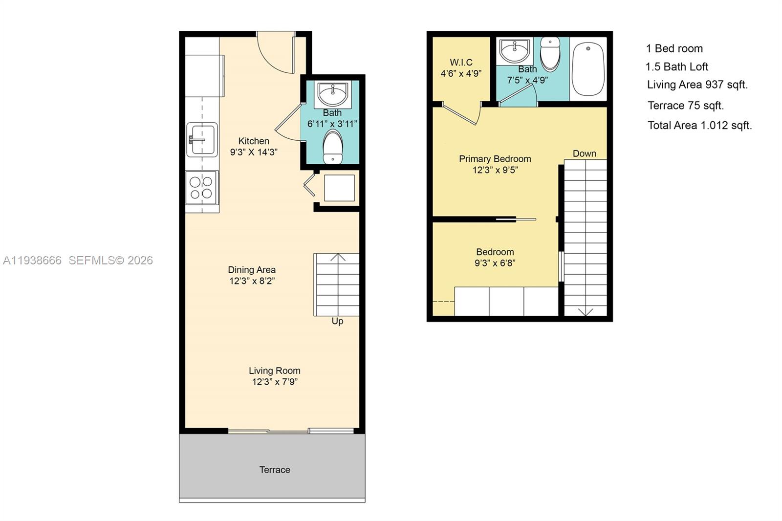 This is a two-level floor plan showing a one-bedroom loft with a terrace — 60 SW 13th St # 2422, Miami FL 33130, MIAMI, FL