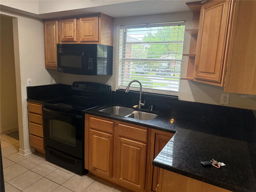 A kitchen features wood cabinets, black appliances, dark granite countertops, and a stainless steel sink — 5118 LETITIA COURT, TAMPA, FL