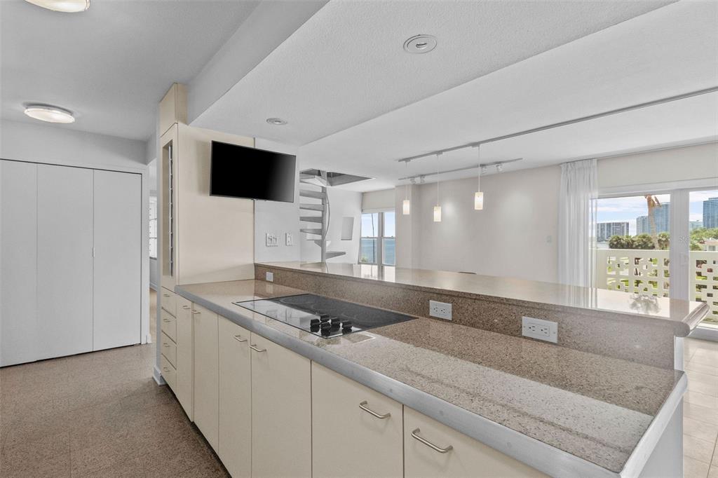 A kitchen with granite countertops, a cooktop, and a spiral staircase in the background — 2401 BAYSHORE BOULEVARD UNIT 410 & 510, TAMPA, FL