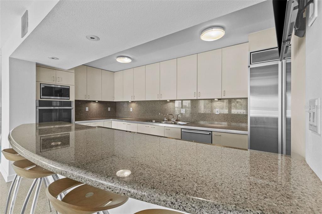A kitchen features light-colored cabinets, granite countertops, a curved breakfast bar, and stainless steel appliances — 2401 BAYSHORE BOULEVARD UNIT 410 & 510, TAMPA, FL