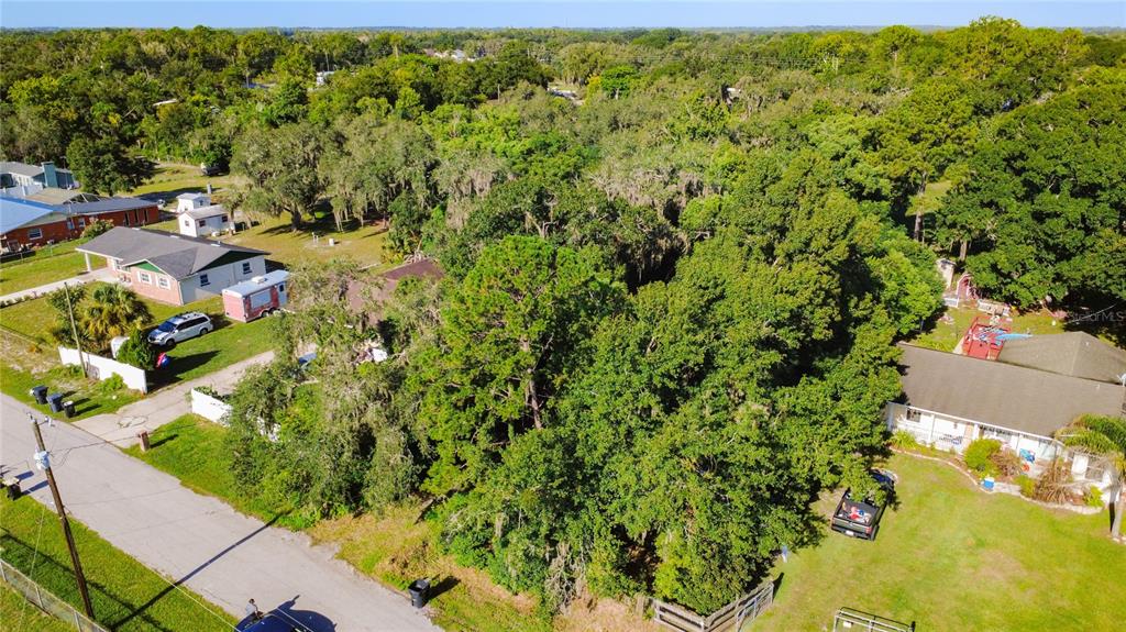 An aerial view shows a wooded lot situated between two residential houses and a paved road — 8216 SIMPSON LANE, LAKELAND, FL
