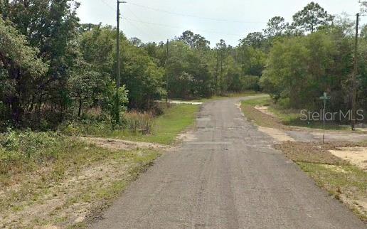 A paved road leads through a wooded area with utility poles on both sides — 6975 N LIME DRIVE, CITRUS SPRINGS, FL