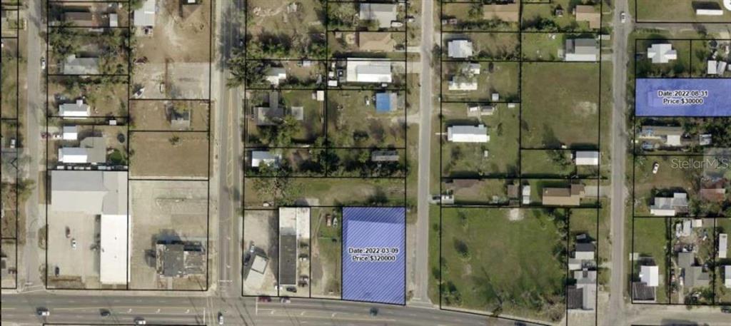 This is an aerial map showing land parcels with two highlighted lots and their sale information — 509 N JAMES AVENUE, PANAMA CITY, FL