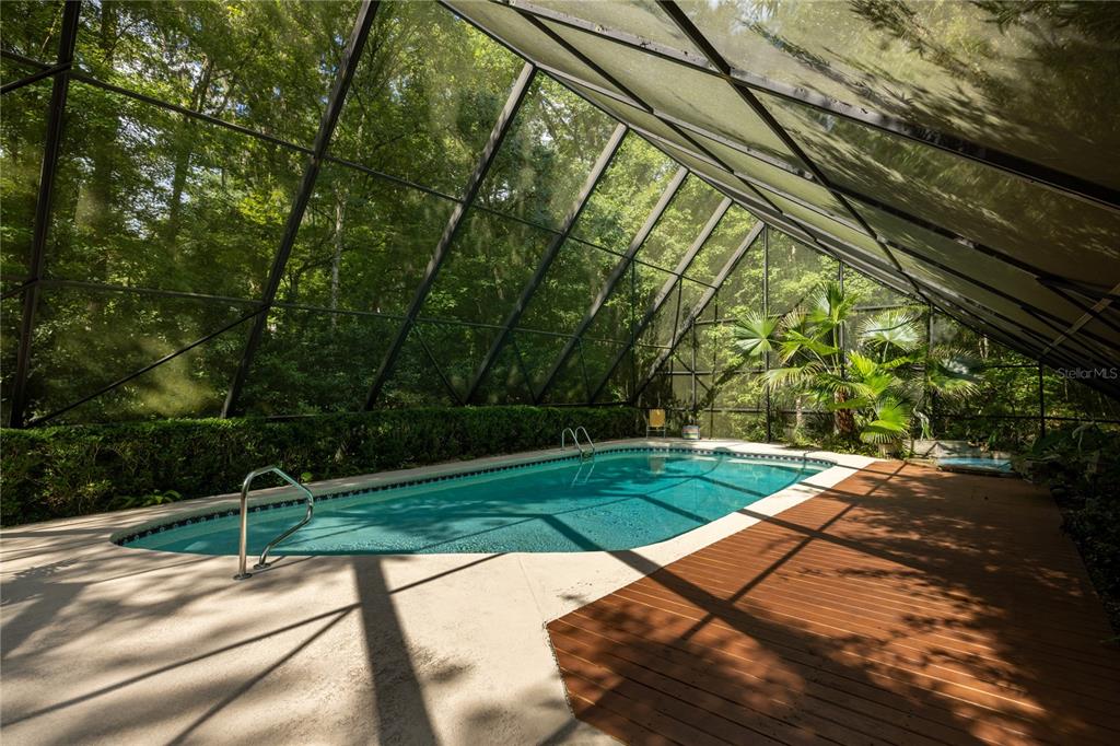 An indoor swimming pool enclosed by a large metal-framed screen structure surrounded by trees — 2012 NW 24TH STREET, GAINESVILLE, FL