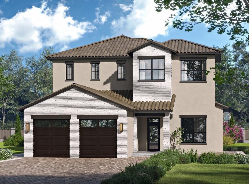 A digital rendering of a two-story house with a two-car garage and stone accents — 15915 VETTA DRIVE, MONTVERDE, FL