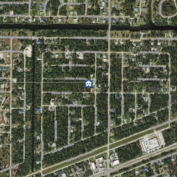 This is an aerial map view of a residential neighborhood with a highlighted property — 20264 ELROSE AVENUE, PORT CHARLOTTE, FL