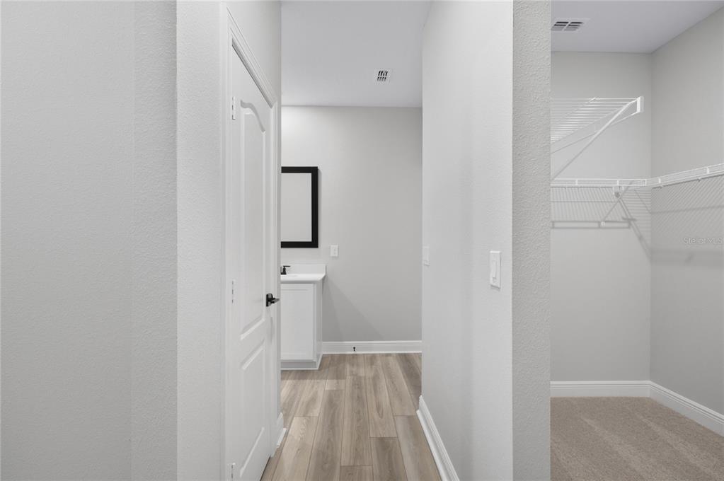 A hallway leads to a bathroom with a vanity, adjacent to a walk-in closet — 640 TANGELO TERRACE, BABSON PARK, FL