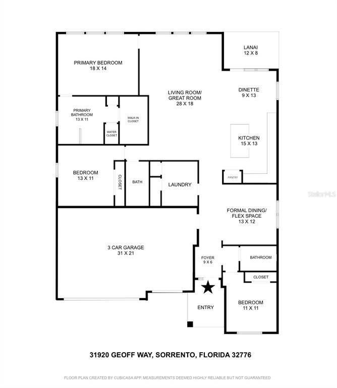 This is a floor plan for a single-story house with three bedrooms and a garage — 31920 GEOFF WAY, SORRENTO, FL
