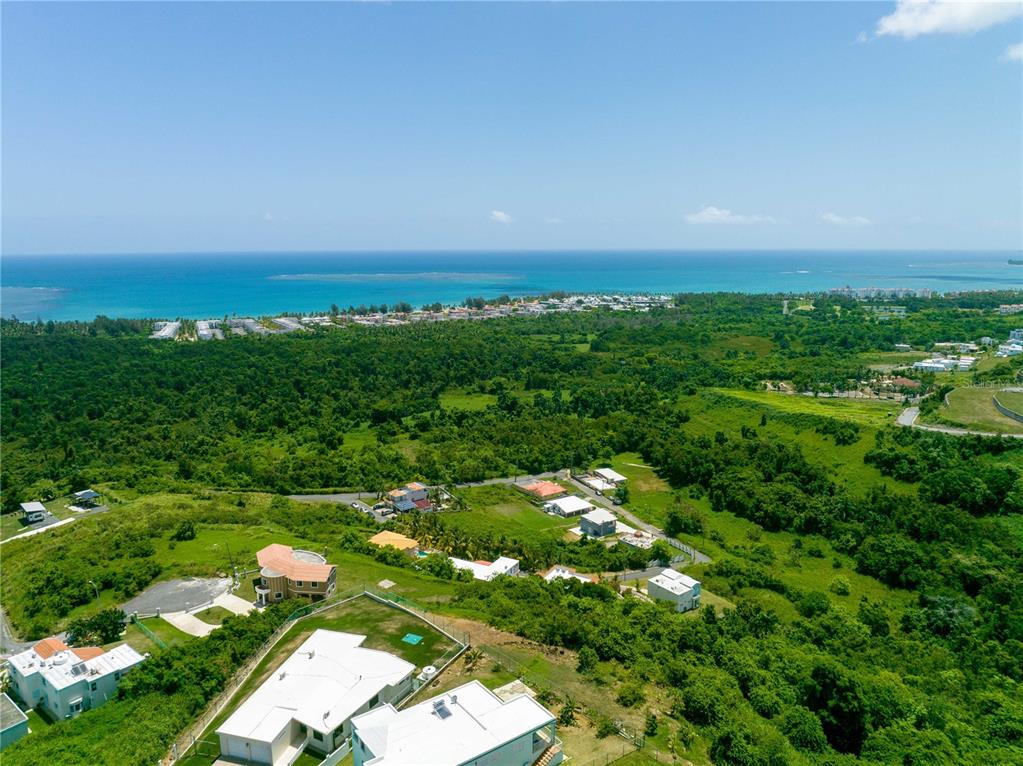 An aerial view shows houses scattered across a lush, green landscape overlooking the ocean — BO Mameyes LINDOMAR II Lote 24, RIO GRANDE, PR