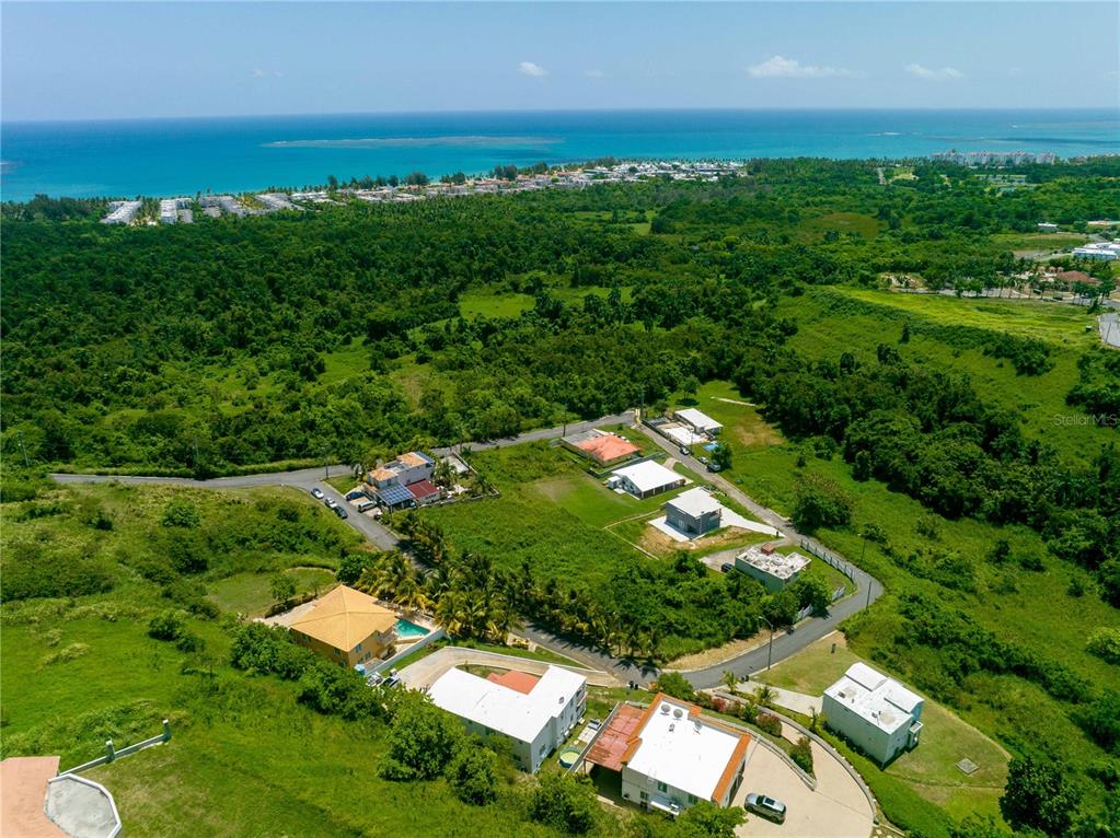 An aerial view shows several houses surrounded by lush green vegetation near a coastal shoreline — BO Mameyes LINDOMAR II Lote 24, RIO GRANDE, PR