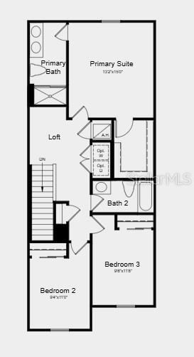 This is a floor plan of an upper level featuring three bedrooms, a loft, and two bathrooms — 2631 BALMERINO WAY, MOUNT DORA, FL