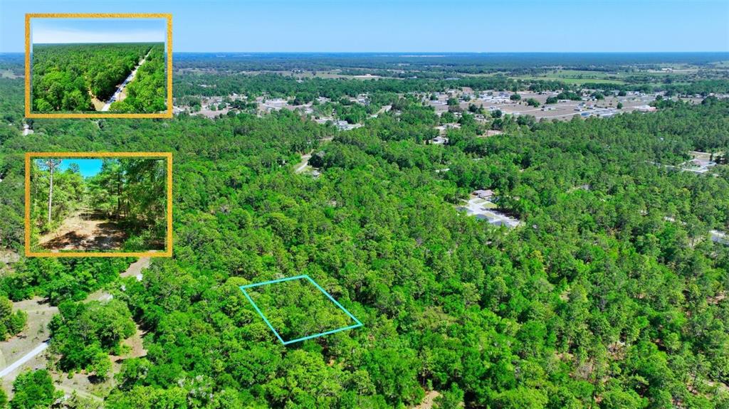 An aerial view shows a wooded lot outlined in blue with two inset photos — TBD SW 24TH PLACE, OCALA, FL