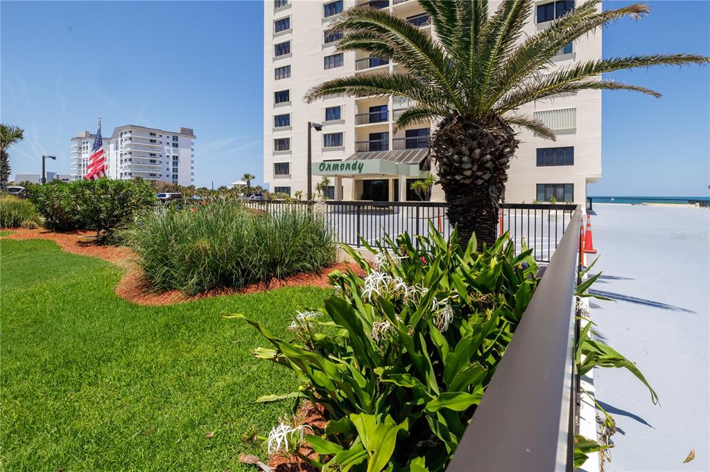 A palm tree and landscaping stand in front of a multi-story building named Ormondy — 1513 OCEAN SHORE BOULEVARD UNIT 2C, ORMOND BEACH, FL