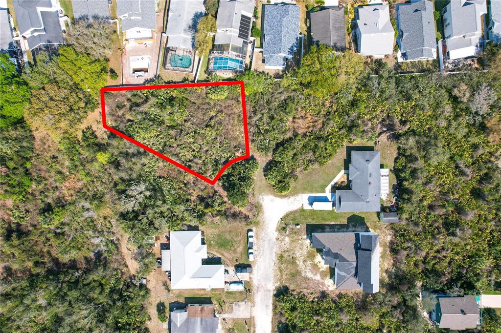 An aerial view shows a vacant, wooded lot outlined in red near several suburban houses — 14 SWEETBAY DRIVE, PALM COAST, FL
