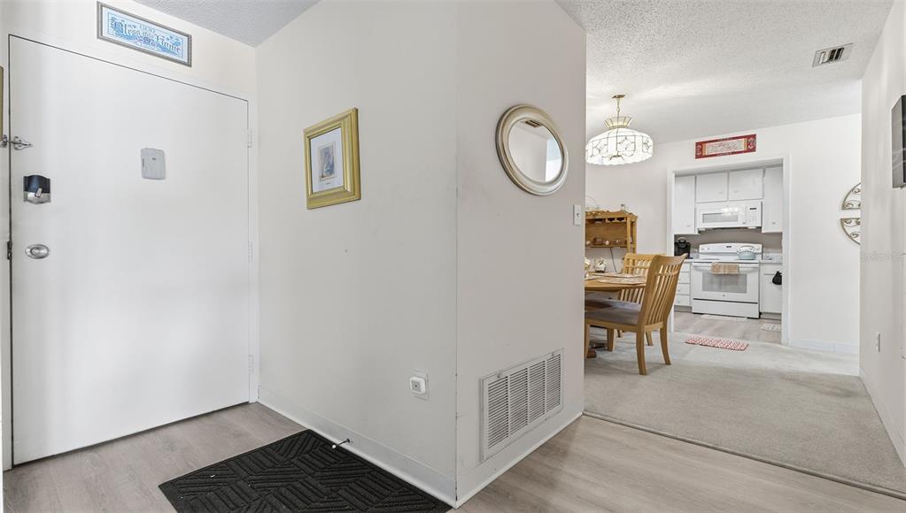 An entryway with a white door leads into a dining area and kitchen with carpet — 2700 BAYSHORE BOULEVARD UNIT 1307, DUNEDIN, FL