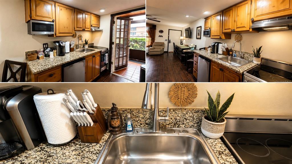 A kitchen with granite countertops, wooden cabinets, and stainless steel appliances is shown in three views — 3200 RIVER RANCH BOULEVARD UNIT 170, RIVER RANCH, FL