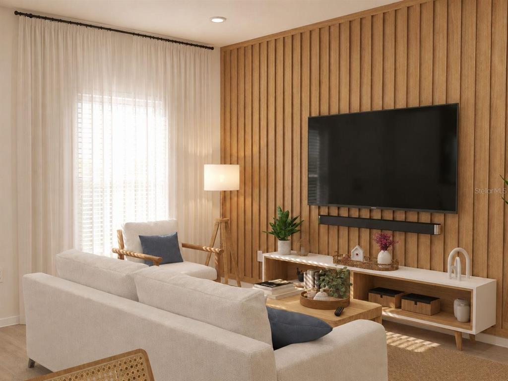 This is a rendering of a living room featuring a wood-slat accent wall and television — 134 TESSIE LANE, SANFORD, FL