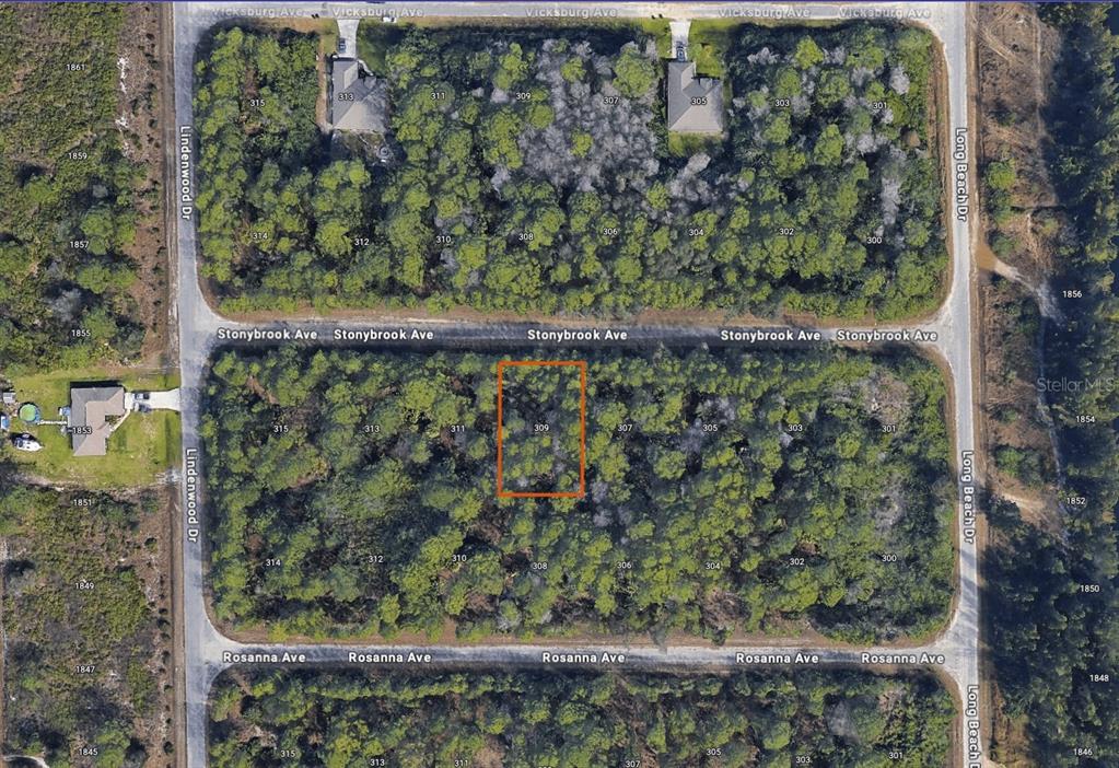This is an aerial map showing a vacant, wooded residential lot highlighted in orange — 309 STONYBROOK AVENUE, LEHIGH ACRES, FL