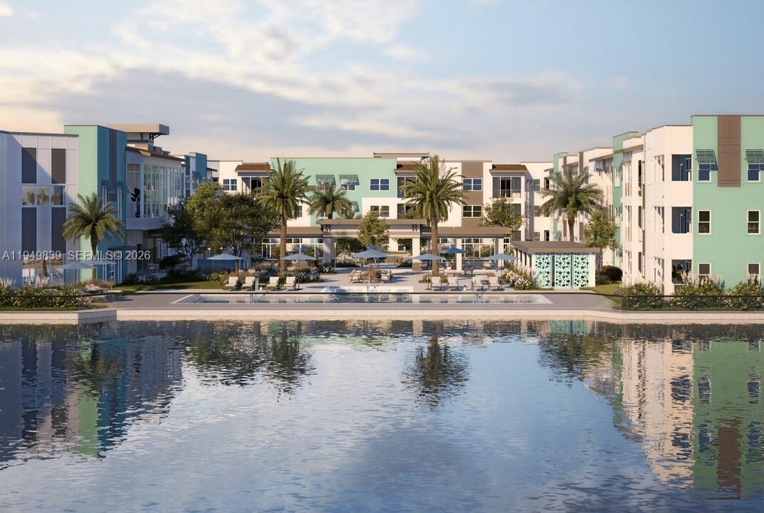 This architectural rendering shows a multi-story apartment complex with a pool overlooking a lake — 3901 Coast View Pointe # A3, Vero Beach FL 32960, VERO BEACH, FL