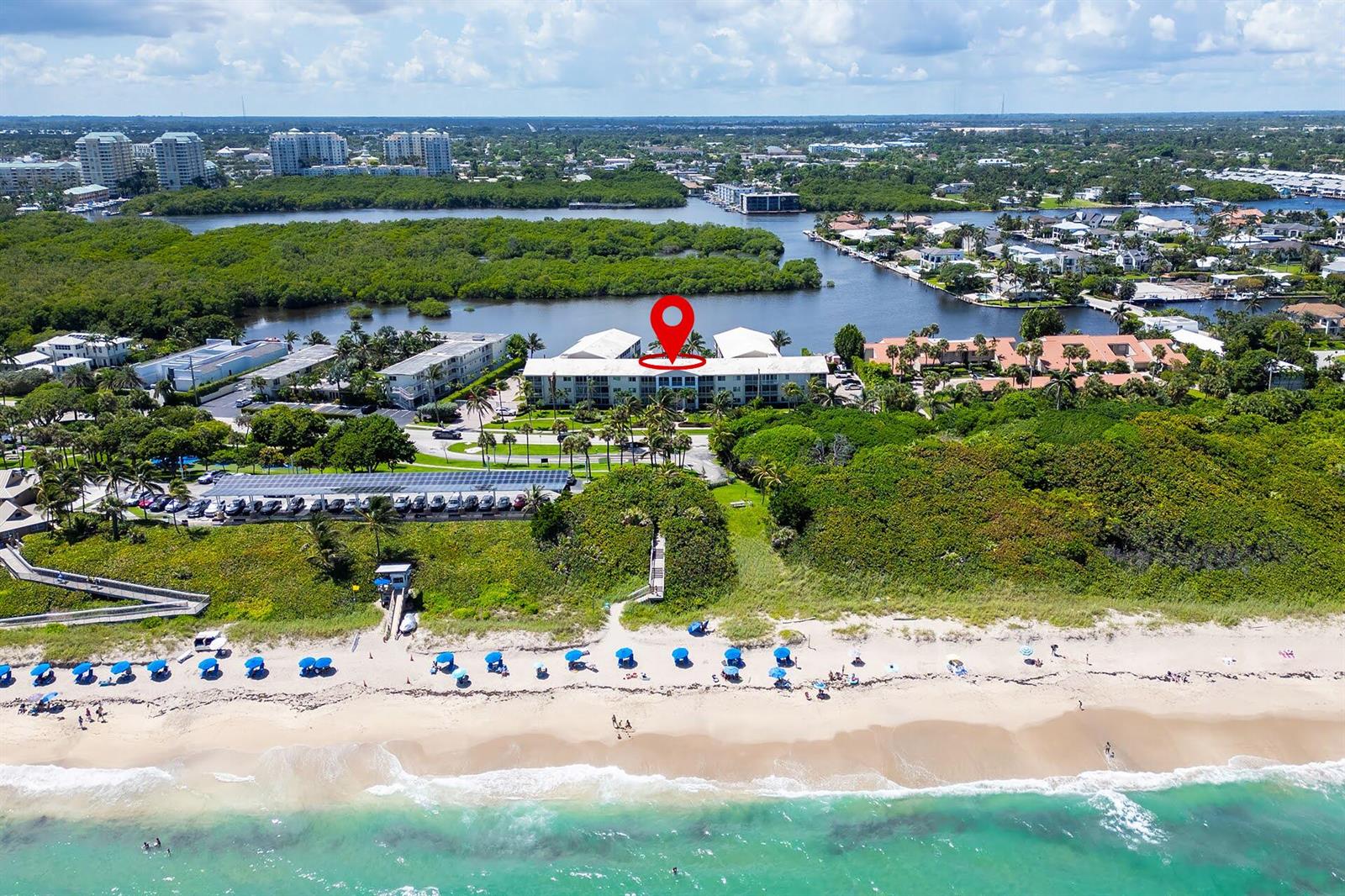 An aerial view shows a beachfront condominium complex with a red location marker — 6530 N Ocean Boulevard # 1080, Ocean Ridge FL 33435, OCEAN RIDGE, FL