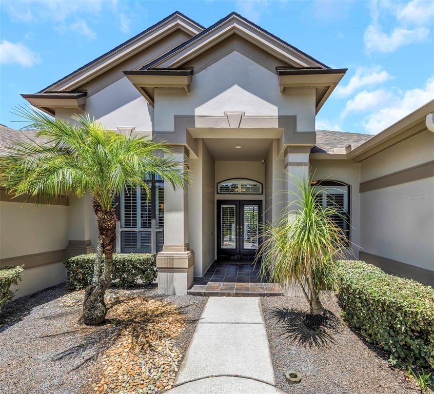The front exterior of a house features a covered entryway, a walkway, and two palm trees — 3675 JANUS WAY, PALM HARBOR, FL