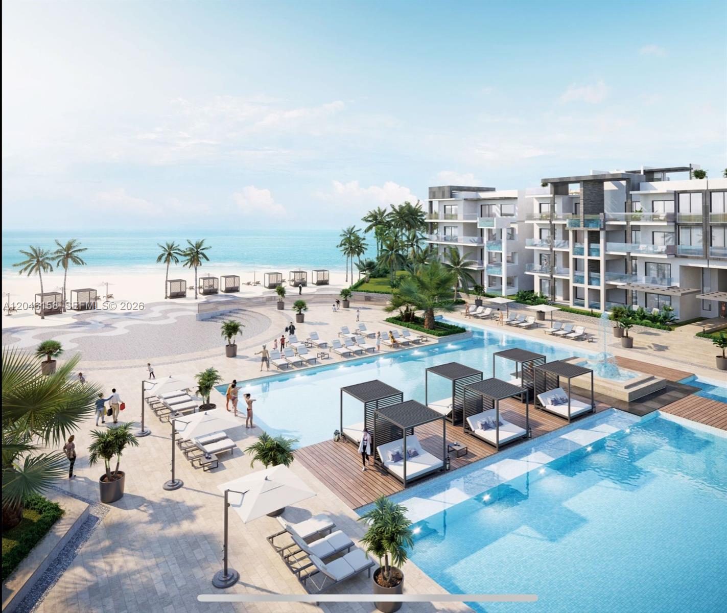 This architectural rendering shows a luxury resort pool deck with cabanas overlooking a sandy beach — 0 E Avenida Alemania Esq. El Dorado # 3, FL, FL