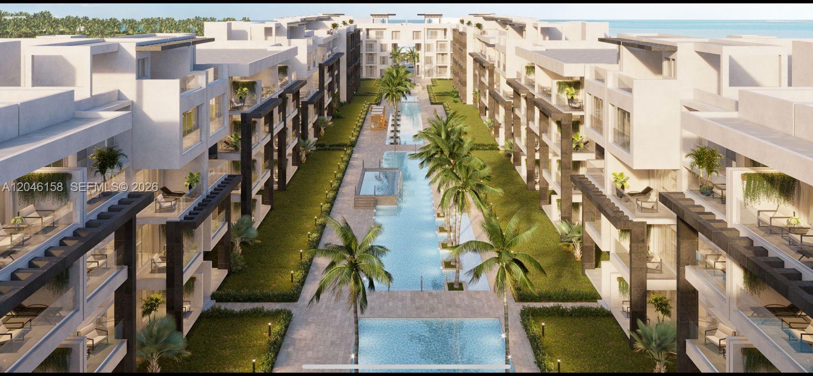 This architectural rendering shows a modern apartment complex with a central swimming pool and landscaping — 0 E Avenida Alemania Esq. El Dorado # 3, FL, FL