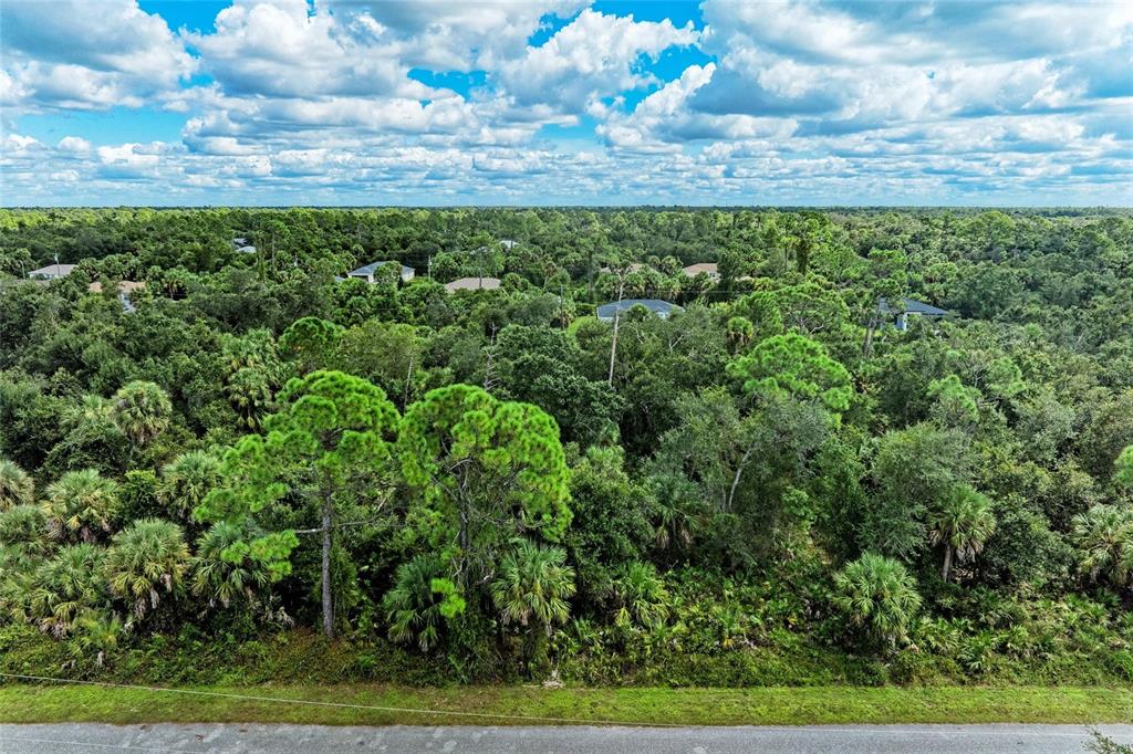 An aerial view shows a wooded lot bordering a paved road under a cloudy sky — Lot 25 BILLINGHAM LANE, NORTH PORT, FL