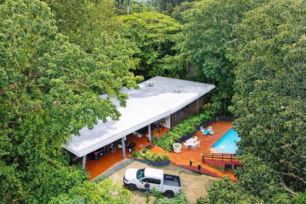 An aerial view of a house with a flat roof, pool, and surrounding lush trees — Beverly Hills 1, SAN JUAN, PR