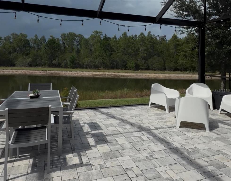 A paved patio with outdoor dining and lounge furniture overlooks a pond and trees — 18071 AERO AVENUE, LAND O LAKES, FL
