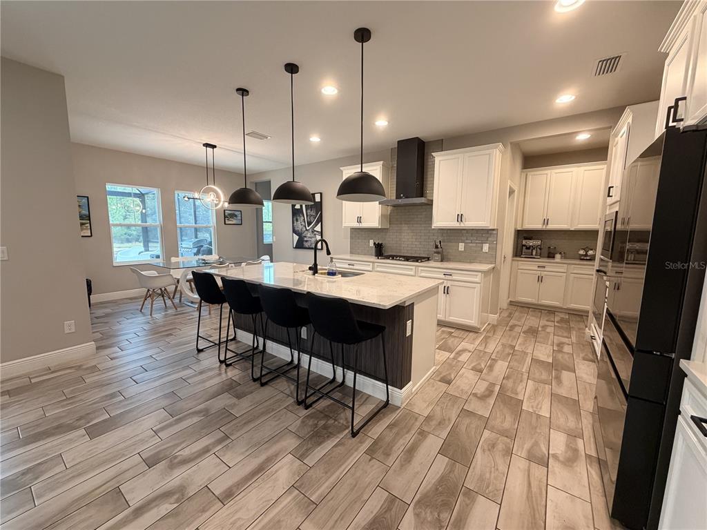 A modern kitchen features a large island with bar seating, white cabinetry, and wood-look tile flooring — 18071 AERO AVENUE, LAND O LAKES, FL