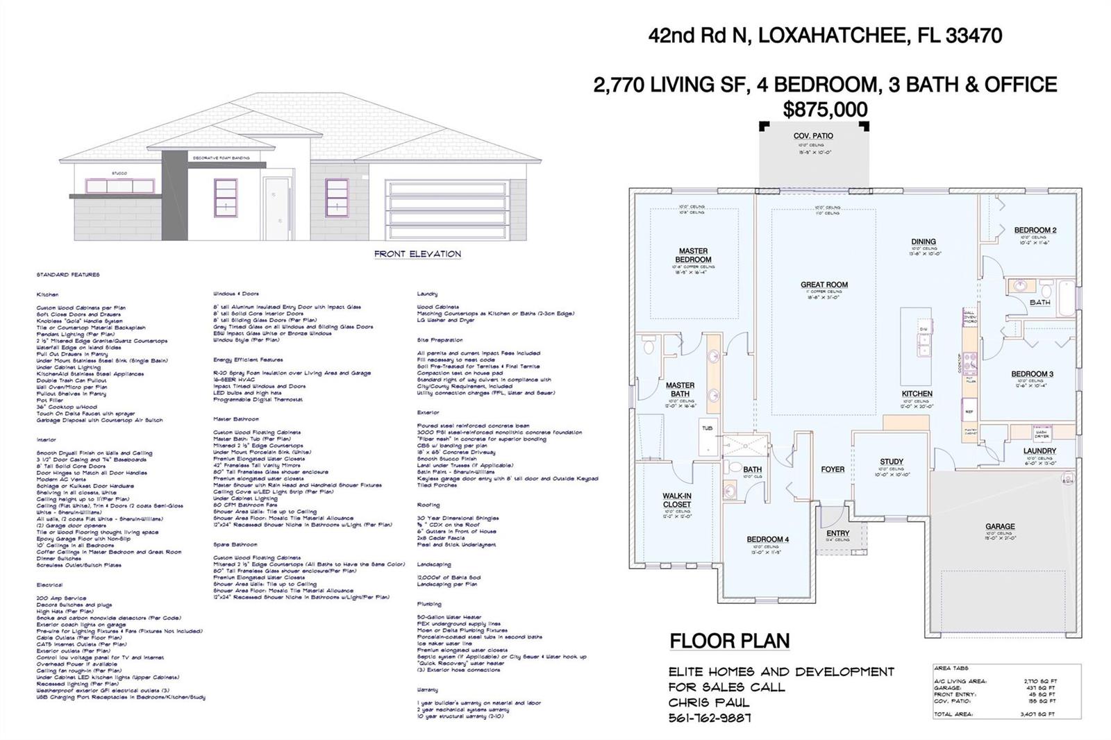 This image shows a real estate floor plan, front elevation rendering, and list of features — 18651 49th Street, Loxahatchee FL 33470, LOXAHATCHEE, FL