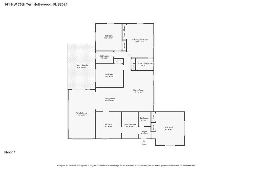 This is a floor plan of a single-story house featuring four bedrooms and two bathrooms — PEMBROKE PINES, FL
