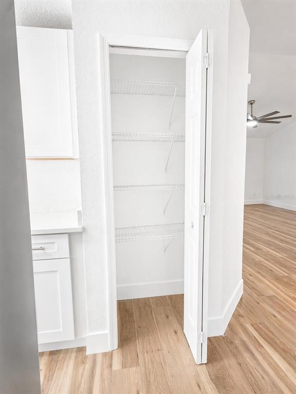 A white pantry with wire shelving is located next to white kitchen cabinets — 101 DIAMOND RIDGE BOULEVARD, AUBURNDALE, FL
