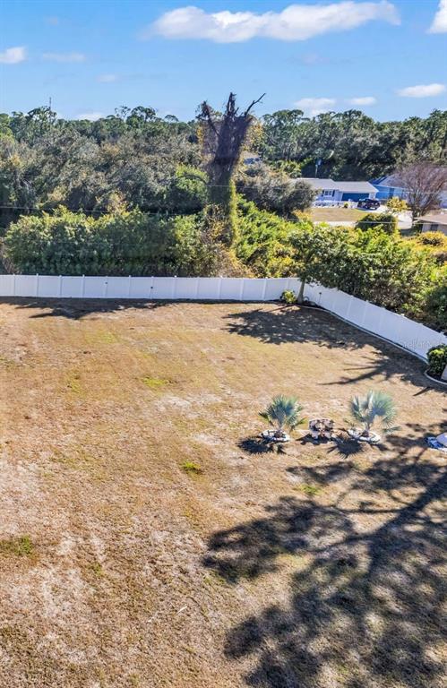 An elevated view shows a large, grassy, fenced-in residential lot with a few small palm trees — 2306 CEDARWOOD STREET, PORT CHARLOTTE, FL