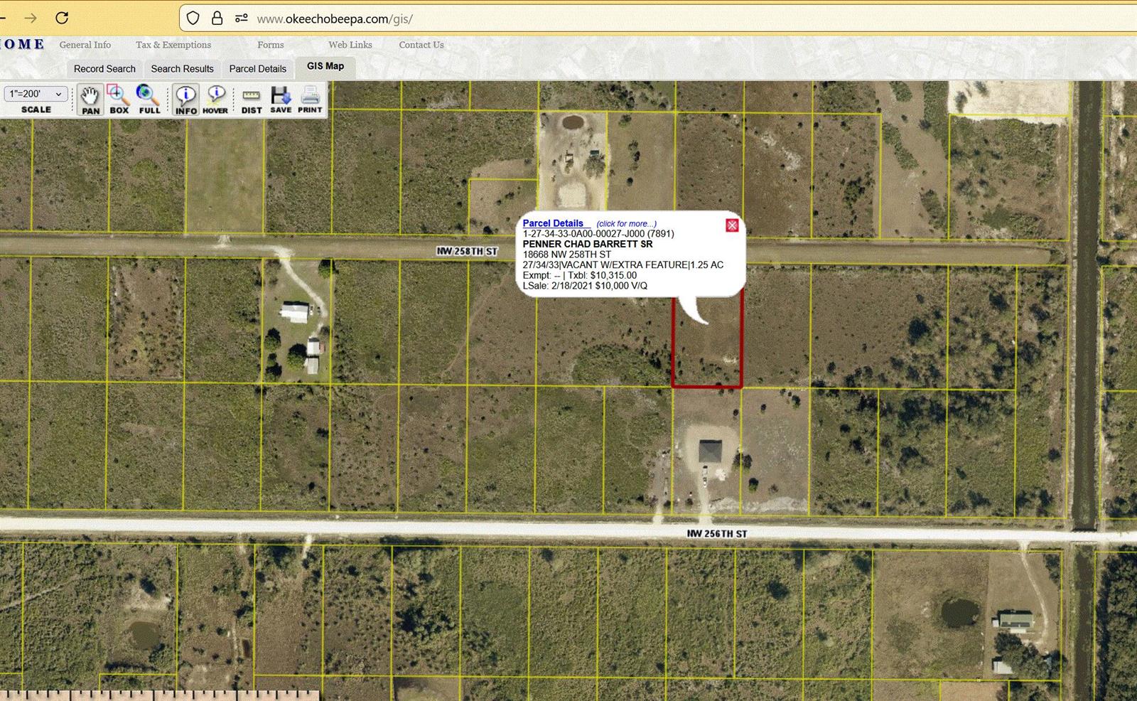 This is a GIS map showing a highlighted vacant land parcel with an extra feature — 18668 NW 258th Street, Okeechobee FL 34972, OKEECHOBEE, FL