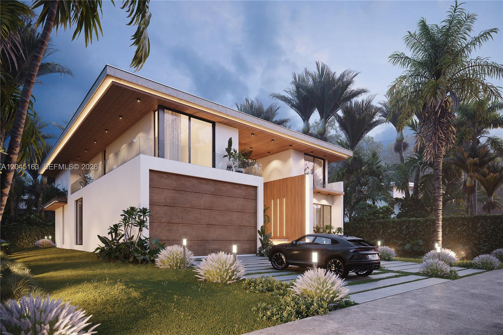 This is a rendering of a modern two-story house with a wood-accented garage and driveway — 284 Ocean Blvd, Golden Beach FL 33160, GOLDEN BEACH, FL