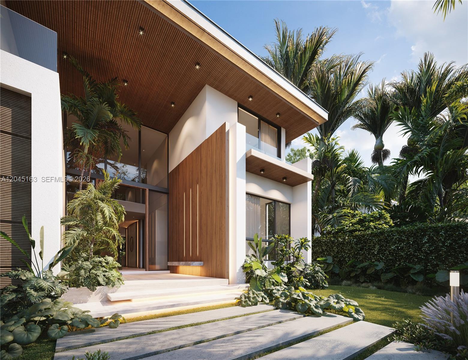 This is a rendering of a modern two-story house exterior with wood accents and landscaping — 284 Ocean Blvd, Golden Beach FL 33160, GOLDEN BEACH, FL