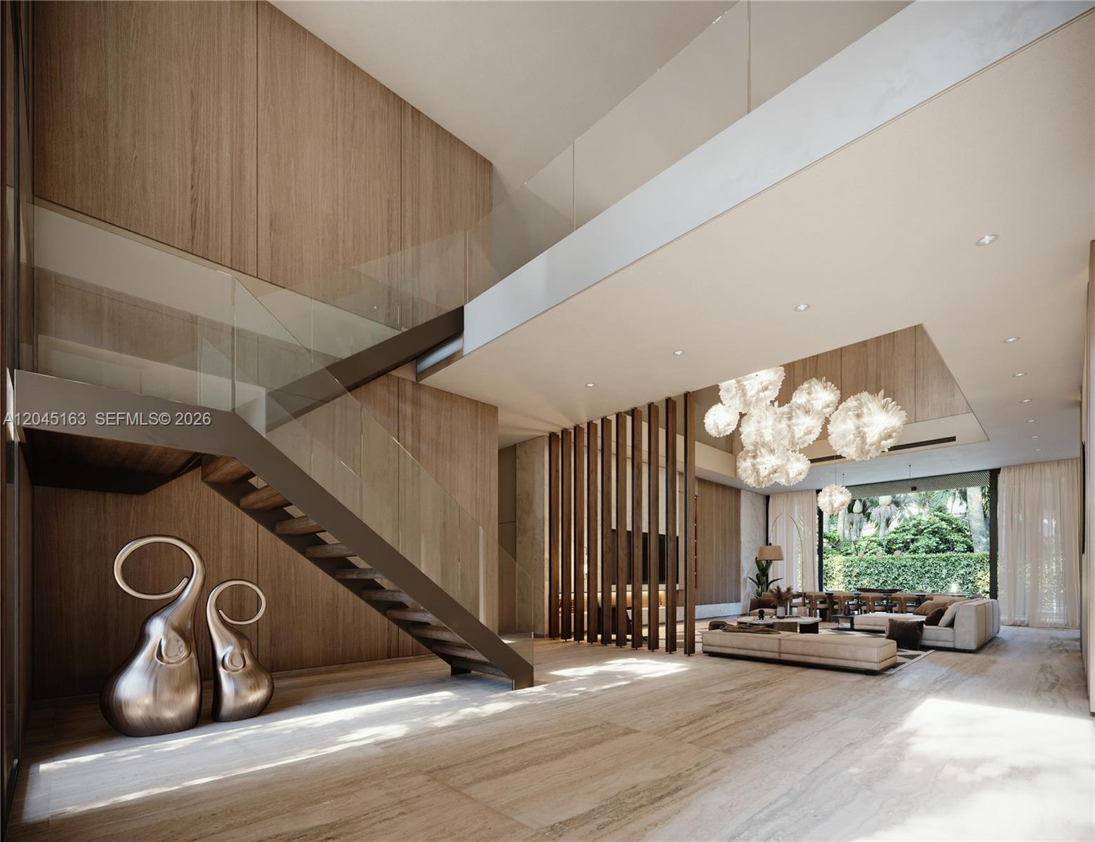 This rendering shows a modern living room with a floating staircase and wood-paneled walls — 284 Ocean Blvd, Golden Beach FL 33160, GOLDEN BEACH, FL