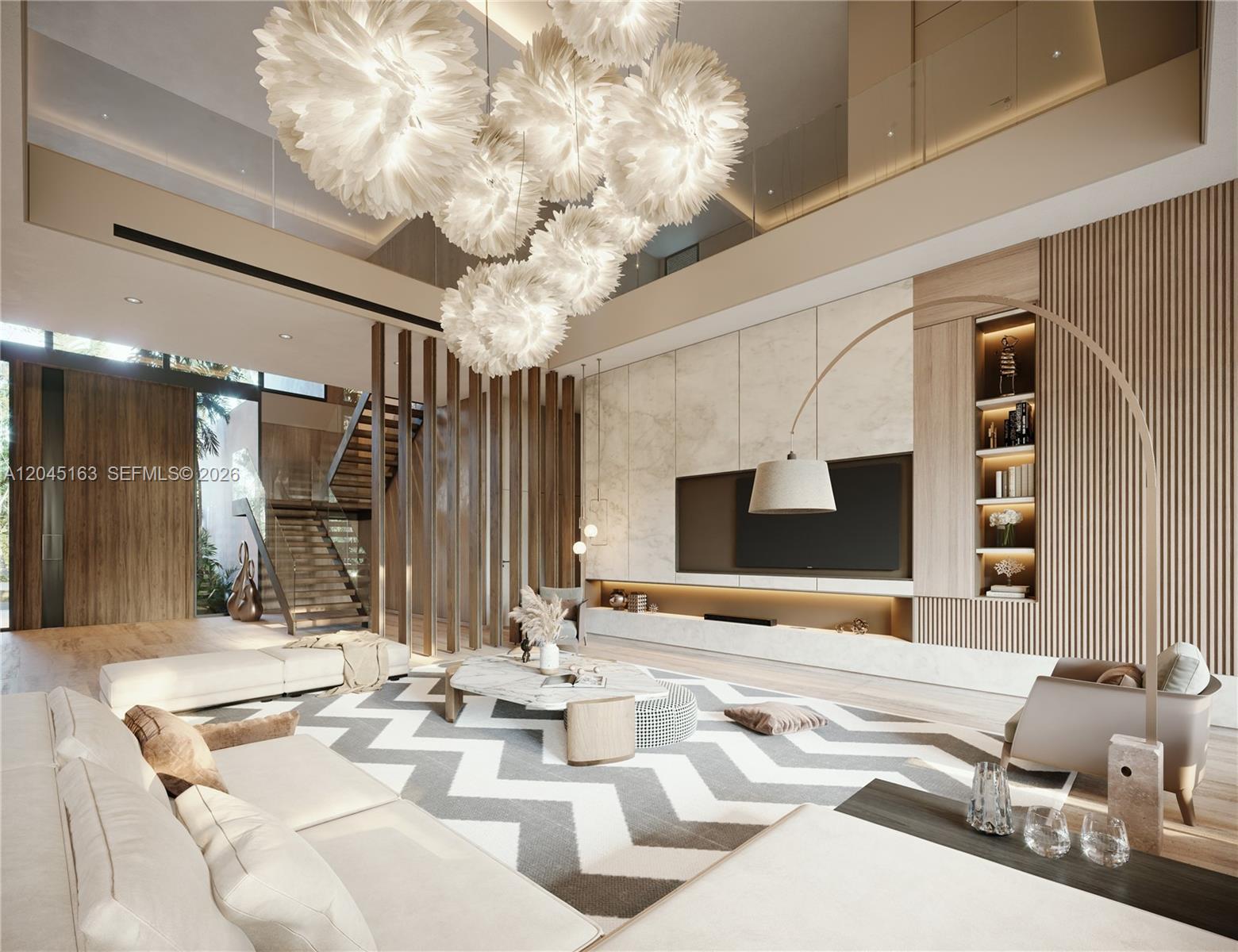 This rendering shows a modern living room with a high ceiling, feather chandeliers, and wood accents — 284 Ocean Blvd, Golden Beach FL 33160, GOLDEN BEACH, FL