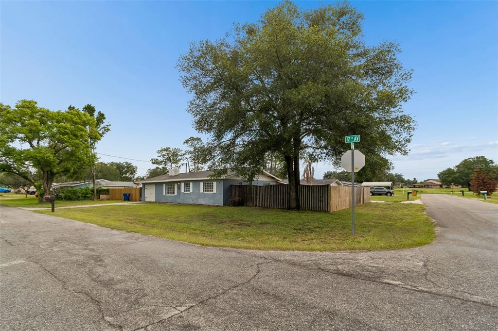 A single-story house with a wooden fence and a large tree on a corner lot — 39051 12TH AVENUE, ZEPHYRHILLS, FL