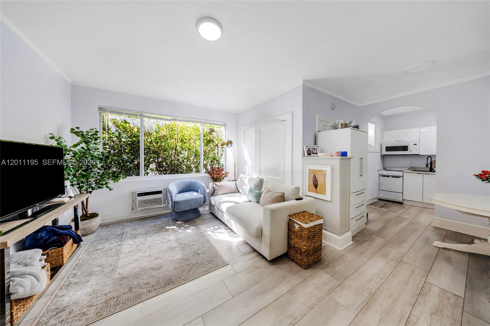 A living room with light wood floors, a sofa, and an adjacent kitchen area — 1610 Salzedo St, Coral Gables FL 33134, CORAL GABLES, FL