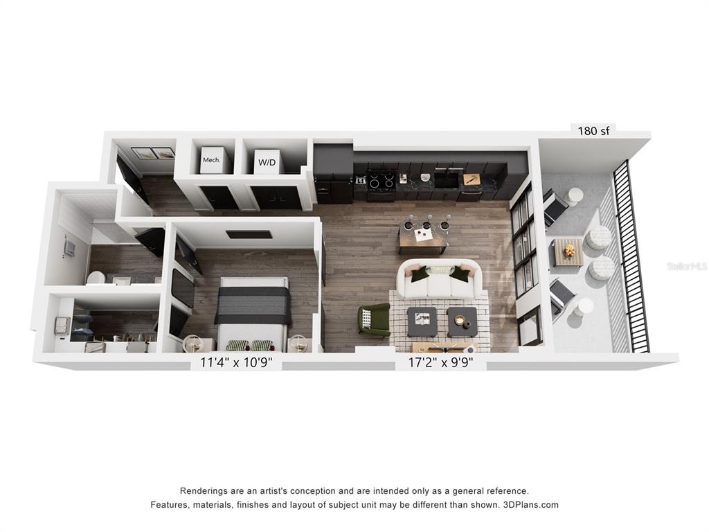 This is a 3D floor plan rendering of a one-bedroom apartment with an attached balcony — 221 MAIN STREET N UNIT A1-1004, ST PETERSBURG, FL