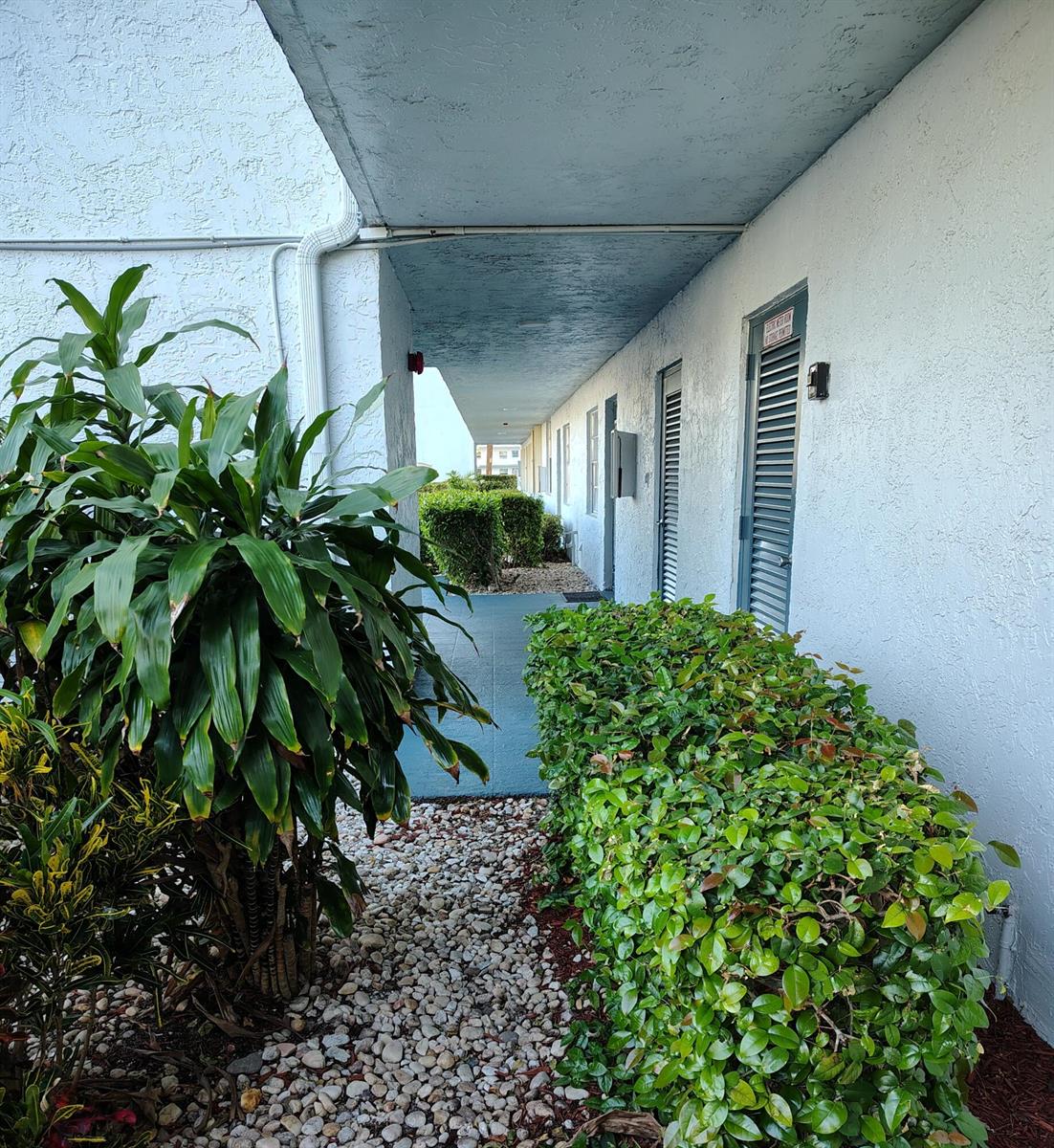 A covered outdoor walkway leads past a row of doors and landscaped bushes — 7680 NW 18th Street # 105, Margate FL 33063, MARGATE, FL