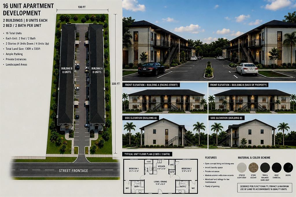 This architectural rendering shows a 16-unit apartment development with site plans, building elevations, and floor plans — 6514 N 43RD STREET, TAMPA, FL