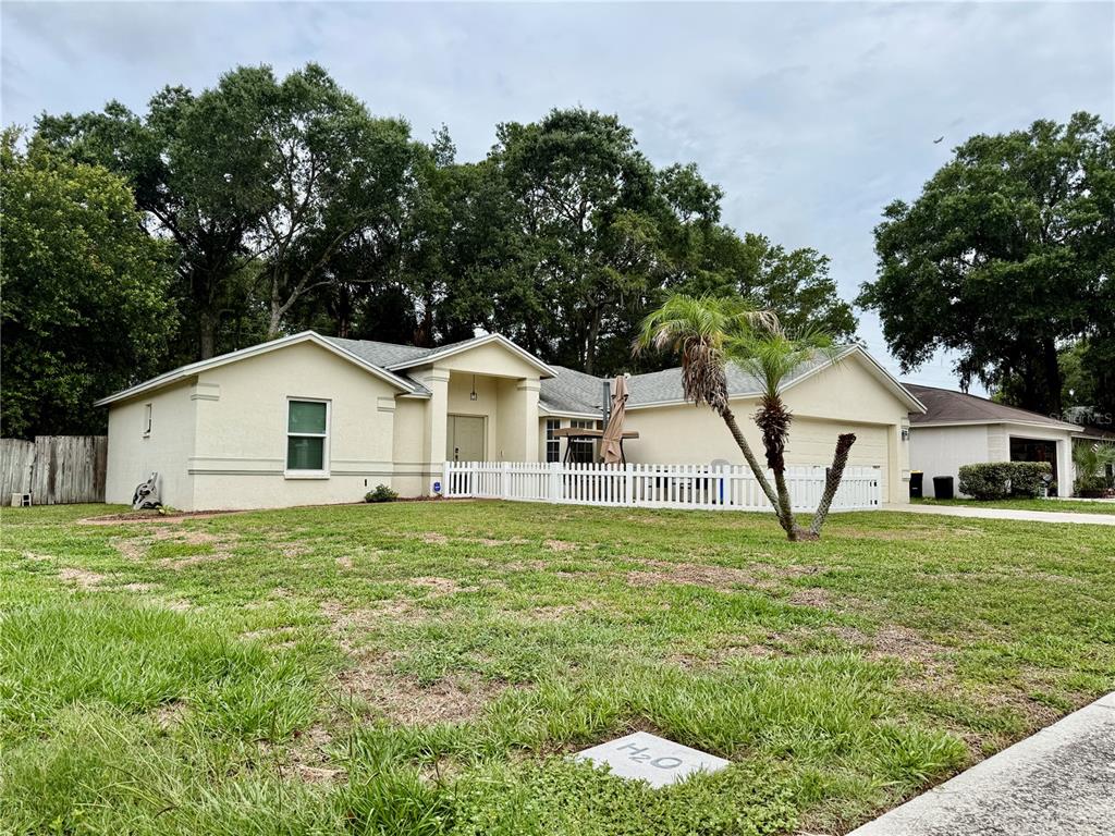 A single-story house with a white fence, a palm tree, and a grassy front yard — 3434 DIAMOND TERRACE, MULBERRY, FL