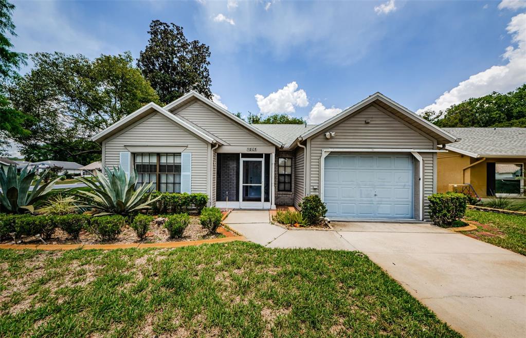 A single-story house with light-colored siding, a front-facing garage, and a landscaped front yard — 11805 LOBLOLLY PINE DRIVE, NEW PORT RICHEY, FL